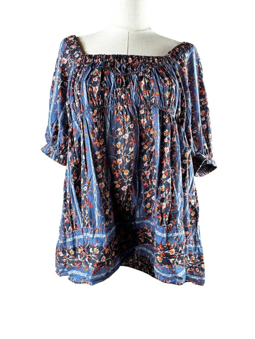 Free People Vintage Lover Floral Babydoll Blouse Dutch Blue Size Small